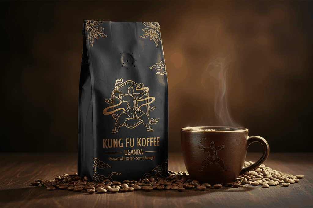 Kung Fu Koffee Uganda with mild acidity, light body, floral, chocolate, and dark fruit cupping notes displayed with coffee beans and steaming cup