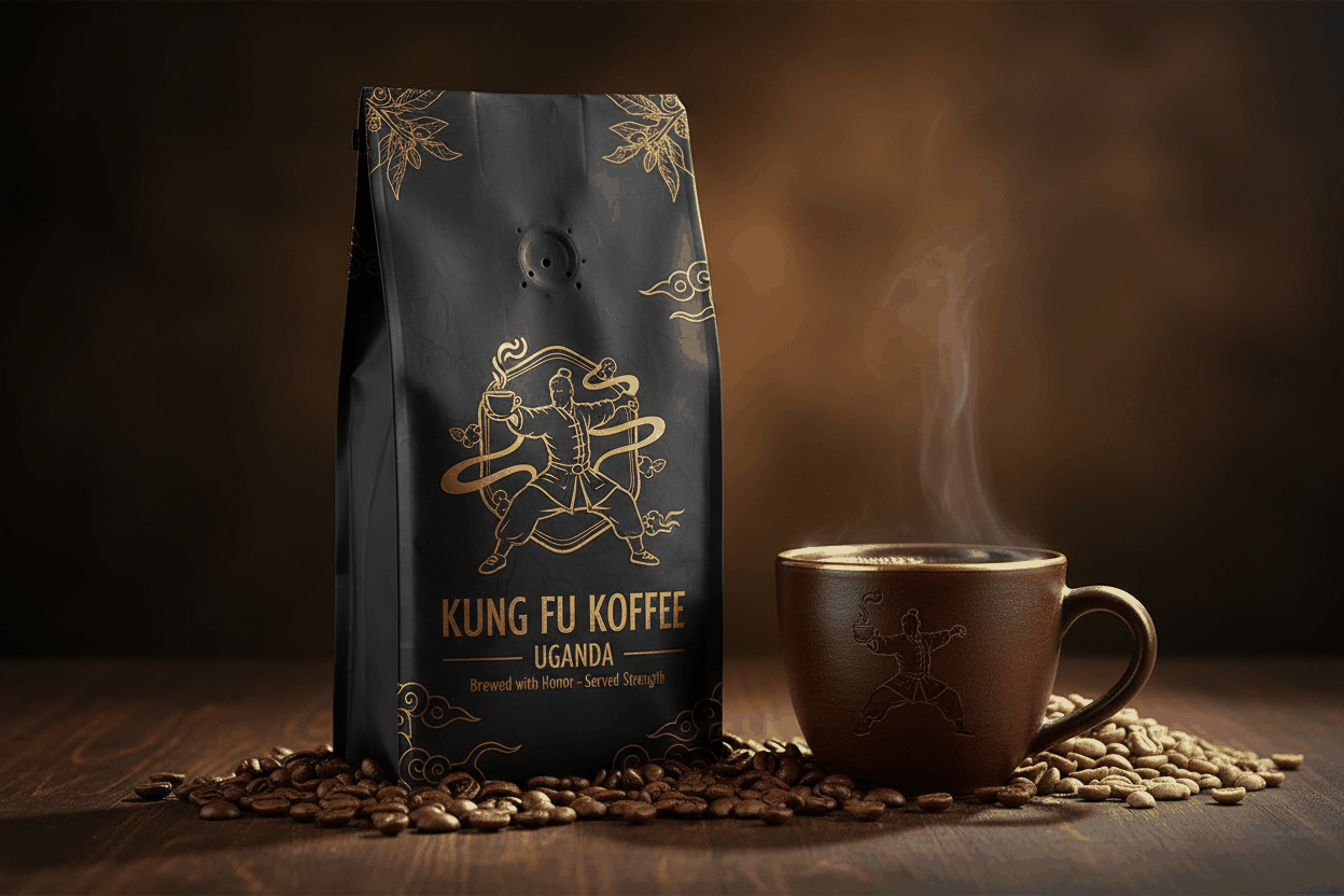 Kung Fu Koffee Uganda with mild acidity, light body, floral, chocolate, and dark fruit cupping notes displayed with coffee beans and steaming cup