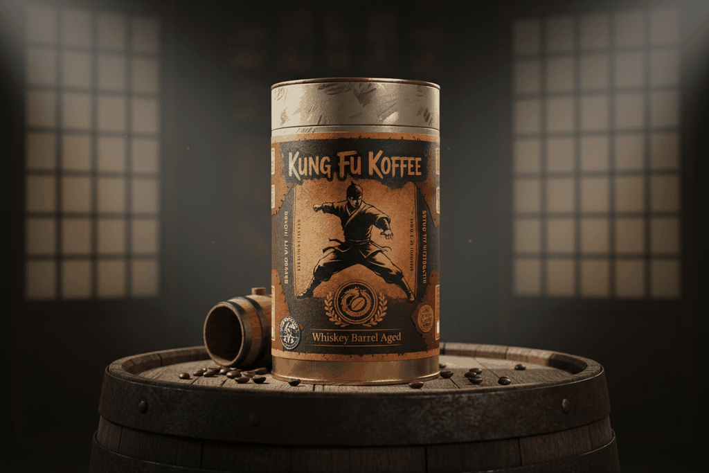 Whiskey Barrel Aged single origin coffee aged 30 days in bourbon barrel and roasted to order in rustic packaging on wooden barrel