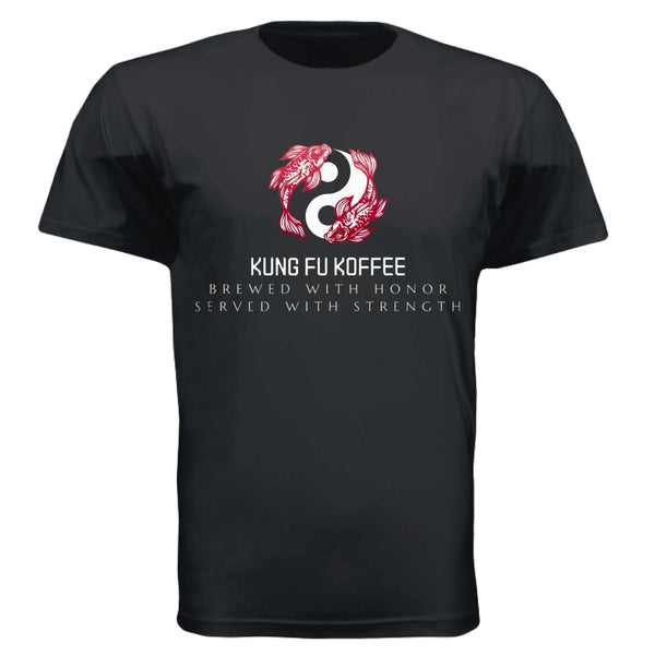 Black classic t-shirt featuring red and white yin-yang koi fish design with Kung Fu Koffee text