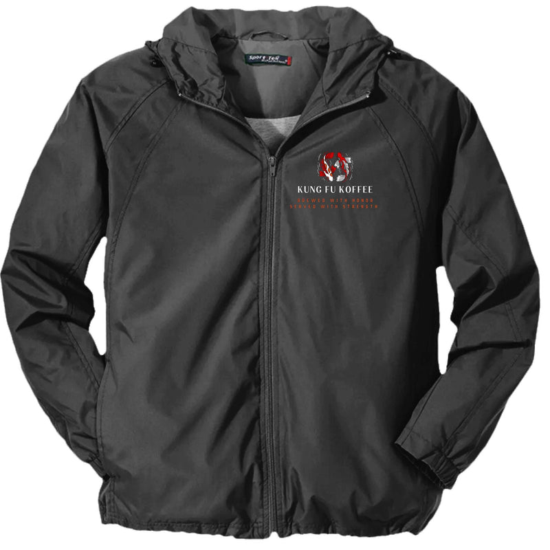 Black Sport-Tek JST73 hooded windbreaker jacket with front zipper and logo embroidery on chest