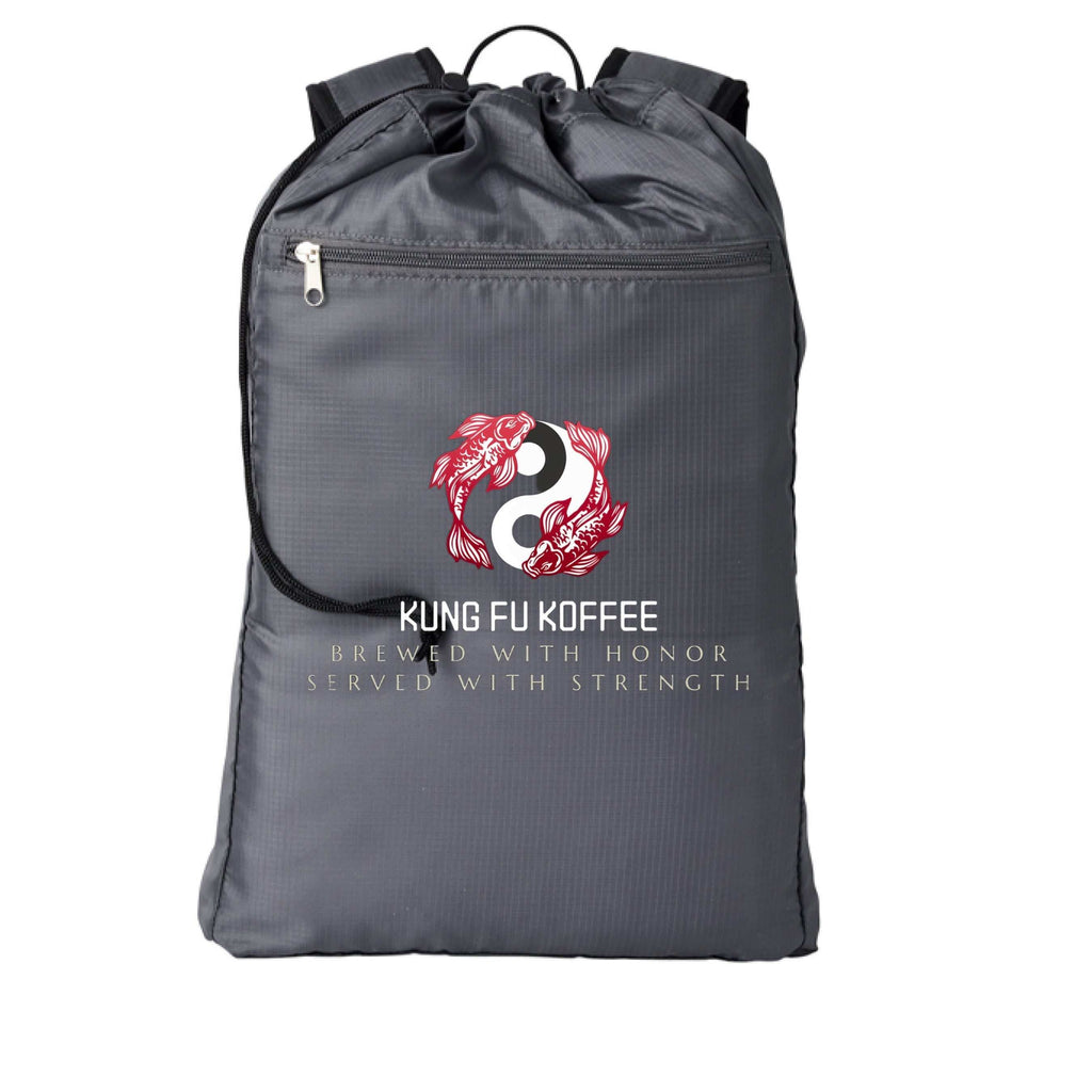 Cinchback Backpack in gray with two-way drawcord closure, reinforced base, mesh side pockets, padded adjustable straps, and Kung Fu Koffee logo design