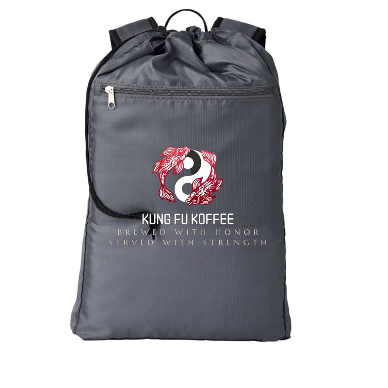 Cinchback Backpack in gray with two-way drawcord closure, reinforced base, mesh side pockets, padded adjustable straps, and Kung Fu Koffee logo design
