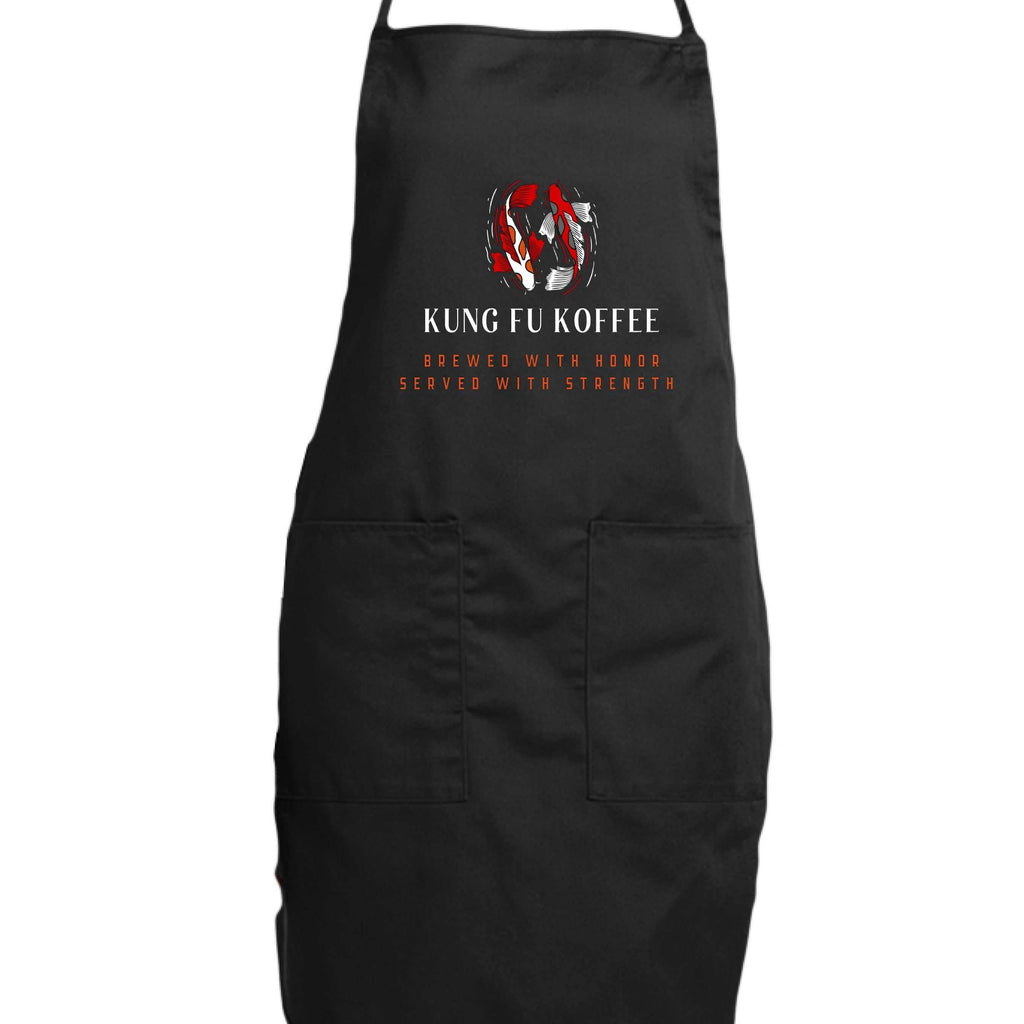 black chef apron with Kung Fu Koffee logo and front pockets for kitchen use
