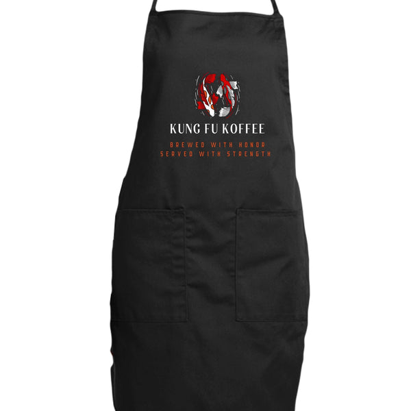 black chef apron with Kung Fu Koffee logo and front pockets for kitchen use