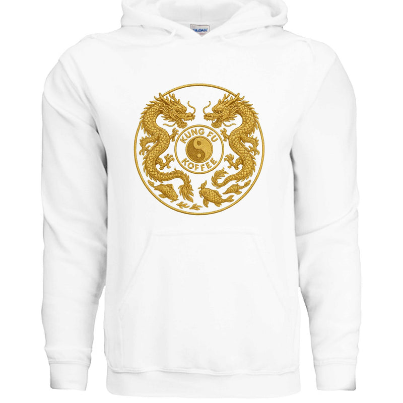 White Gildan G185 hoodie with gold dragon Kung Fu Koffee design and pouch pocket