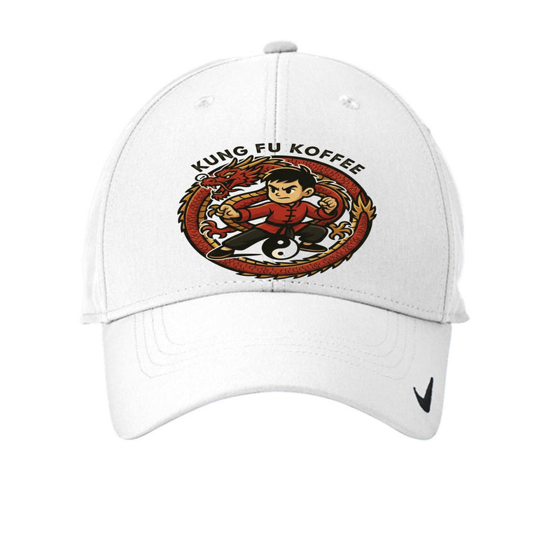 White KFK Mascot Flex Hat with Kung Fu Koffee logo and Nike Swoosh on bill