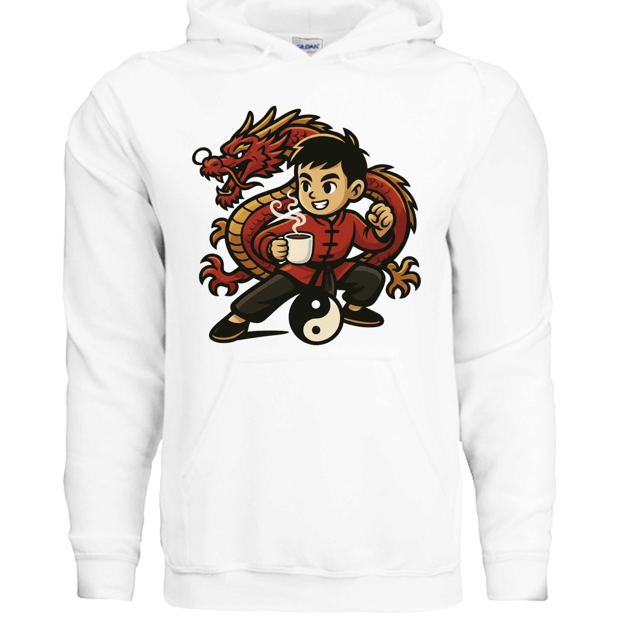 White KFK Mascot Hoodie with cartoon martial artist and dragon design, 50/50 cotton-poly blend, double-lined hood, and pouch pocket