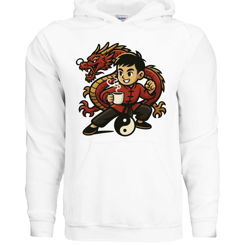 White KFK Mascot Hoodie with cartoon martial artist and dragon design, 50/50 cotton-poly blend, double-lined hood, and pouch pocket