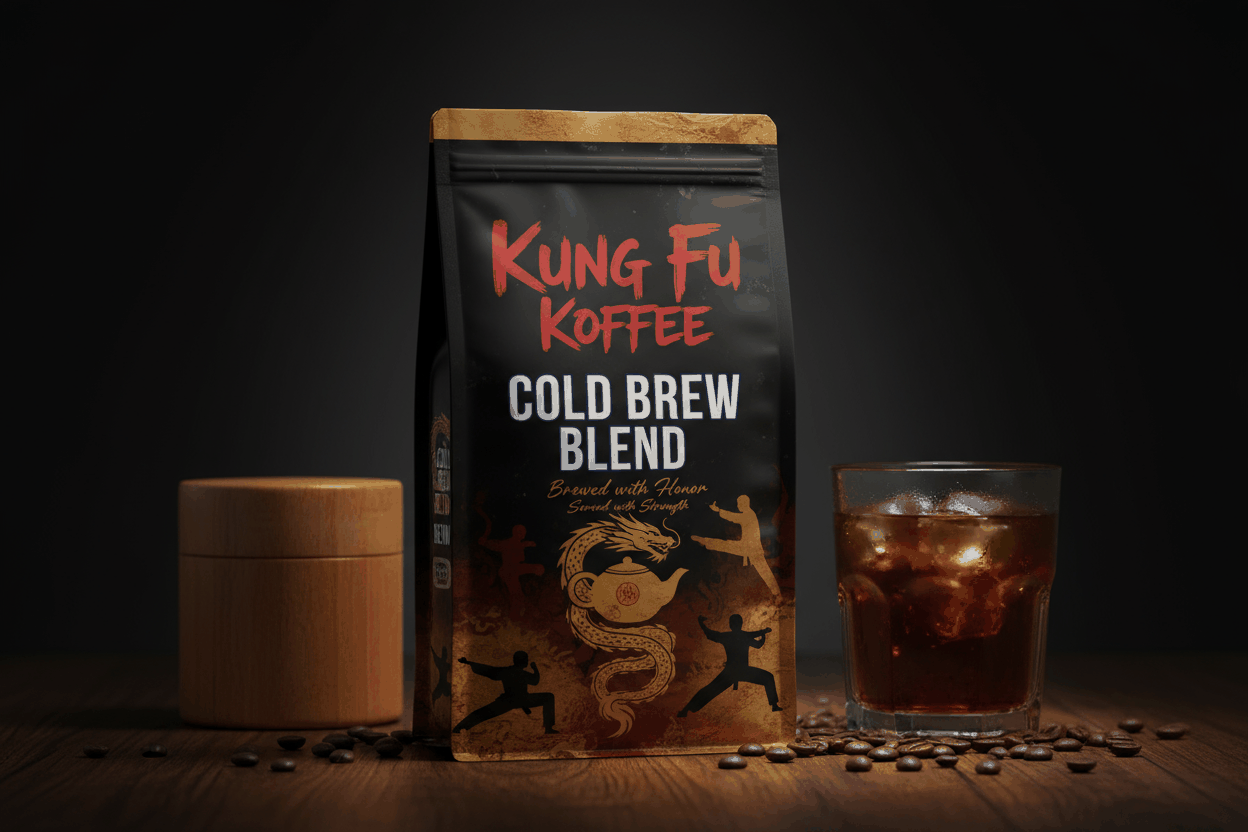 Kung Fu Koffee cold brew coffee blend with chocolate, toffee, and floral tones in a bag beside a glass of iced cold brew.