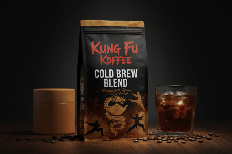 Kung Fu Koffee cold brew coffee blend with chocolate, toffee, and floral tones in a bag beside a glass of iced cold brew.