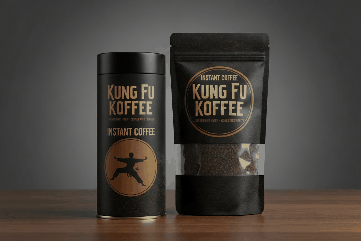 Kung Fu Koffee instant coffee powder in a black canister and resealable pouch with 30 servings