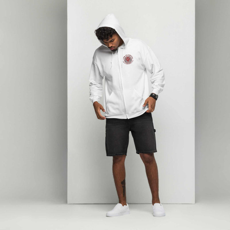 man wearing white unisex heavy blend zip hoodie with hood up and black shorts