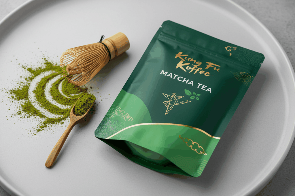 Kung Fu Koffee Matcha tea powder with bamboo whisk and wooden spoon on white plate